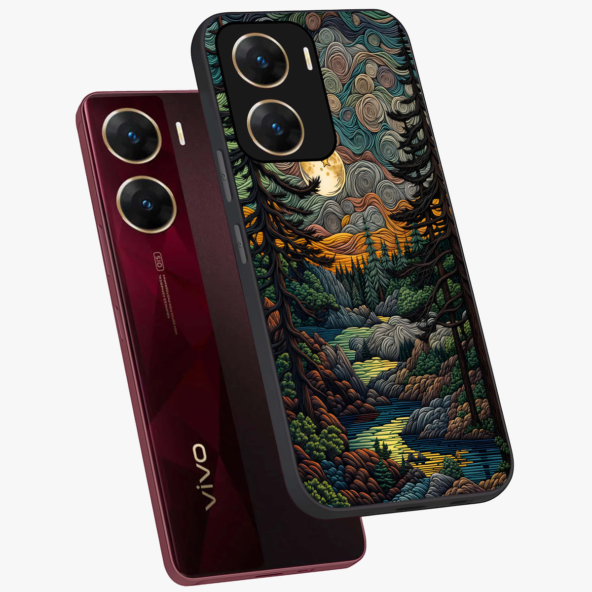 Moonlight Forest Dream Glass Case displayed in angled mockup highlighting dreamy forest design with glowing moon aesthetic.