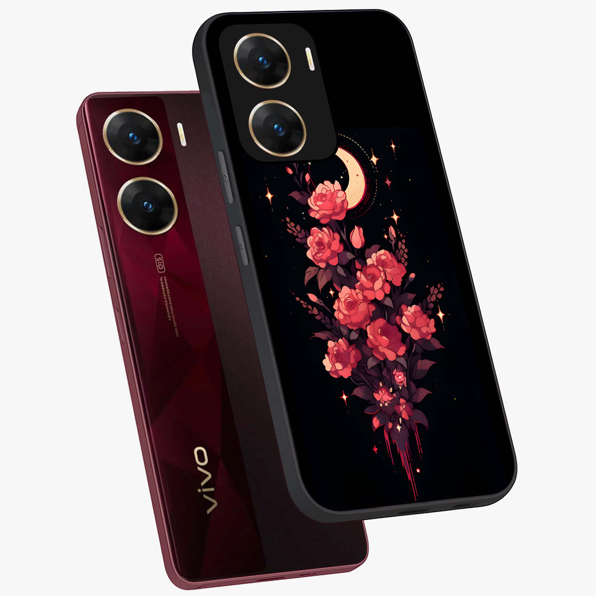 Moonlit Floral Elegance Glass Case displayed in angled mockup highlighting graceful flower design with soft moonlight aesthetic.