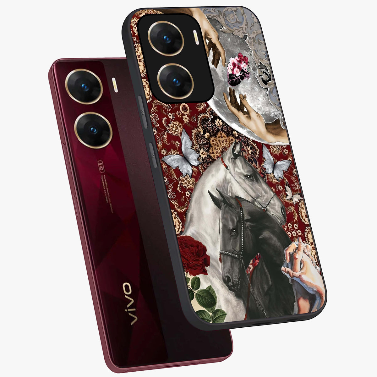 Moonlit Royal Stallion Glass Case displayed in angled mockup highlighting powerful stallion illustration with royal night aesthetic.