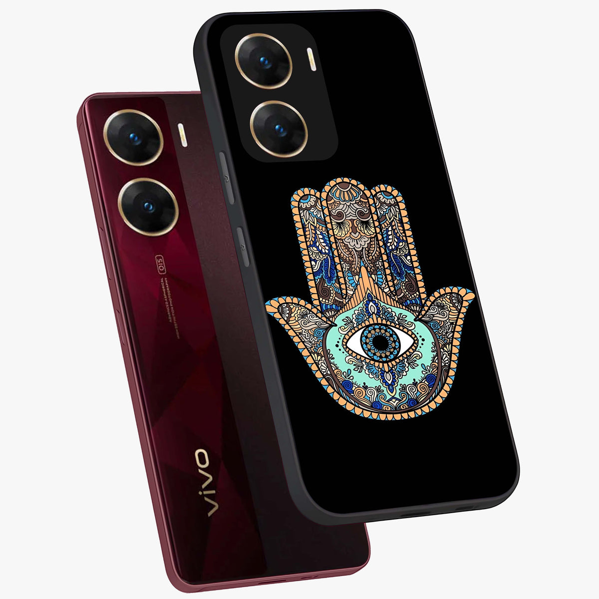 Mystic Hamsa Eye Glass Case displayed in angled mockup highlighting spiritual hamsa symbol with mystical aesthetic style.