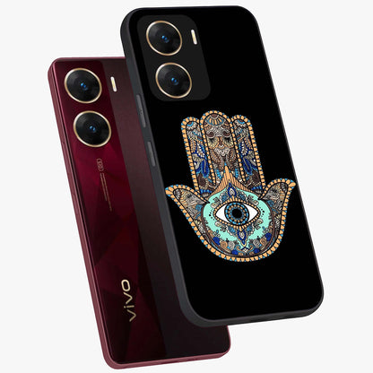 Mystic Hamsa Eye Glass Case displayed in angled mockup highlighting spiritual hamsa symbol with mystical aesthetic style.