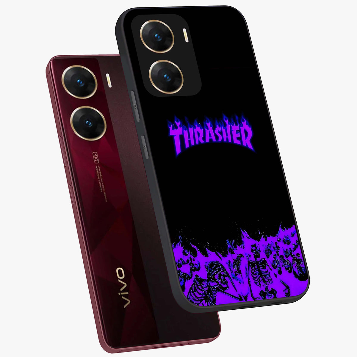 Neon Flame Riot Glass Case displayed in angled mockup highlighting glowing flame design with vibrant neon aesthetic.