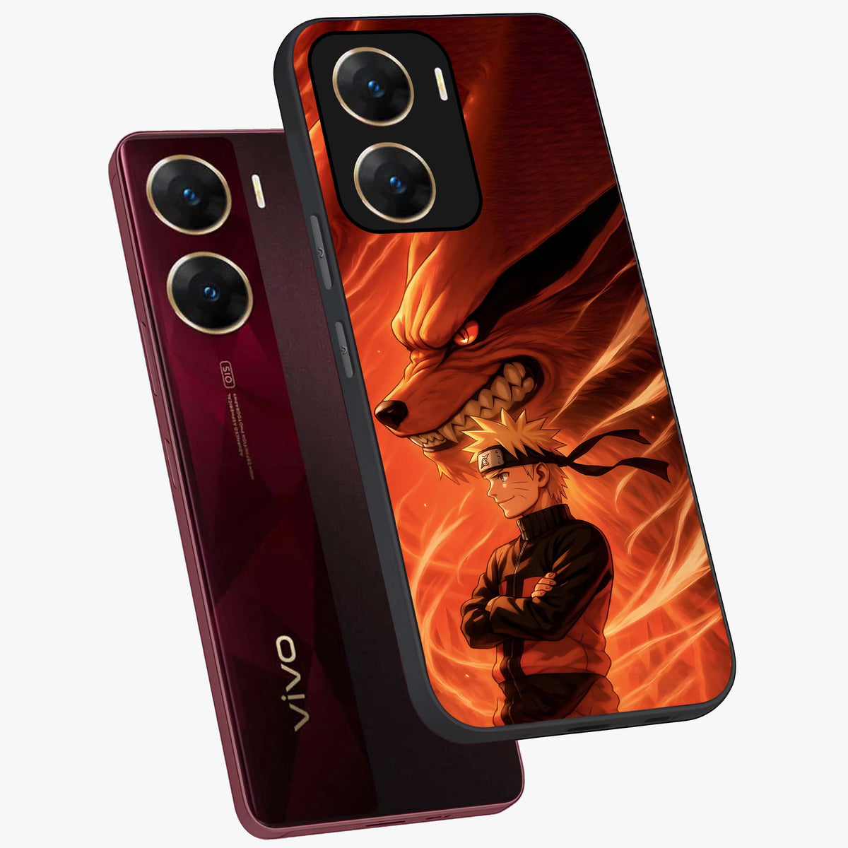 Nine Tails Legacy Glass Case displayed in angled mockup highlighting dynamic anime beast illustration with bold mystical aesthetic.