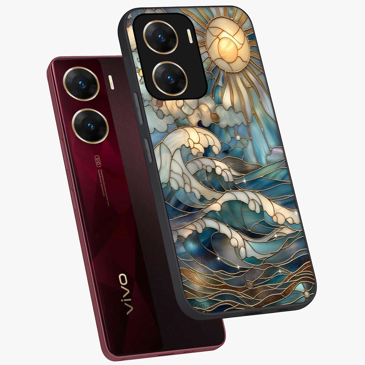 Oceanic Stained Printed Glass Case displayed in angled mockup highlighting colorful aquatic design with artistic aesthetic style.