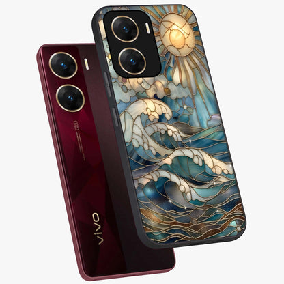 Oceanic Stained Printed Glass Case displayed in angled mockup highlighting colorful aquatic design with artistic aesthetic style.