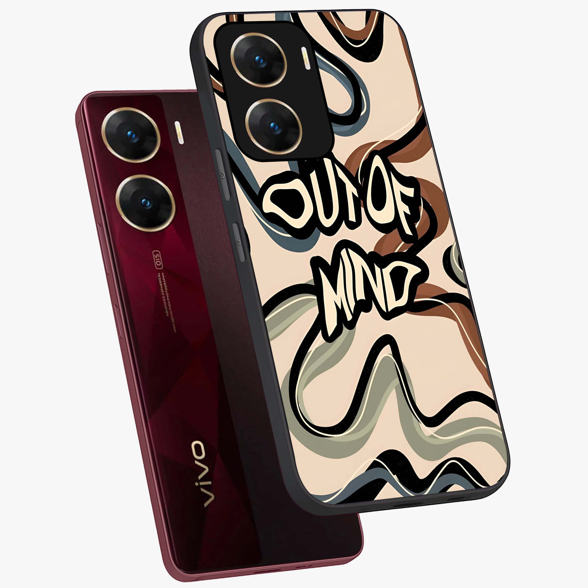 Out Of Mind Glass Case displayed in angled mockup highlighting bold statement design with modern artistic aesthetic.