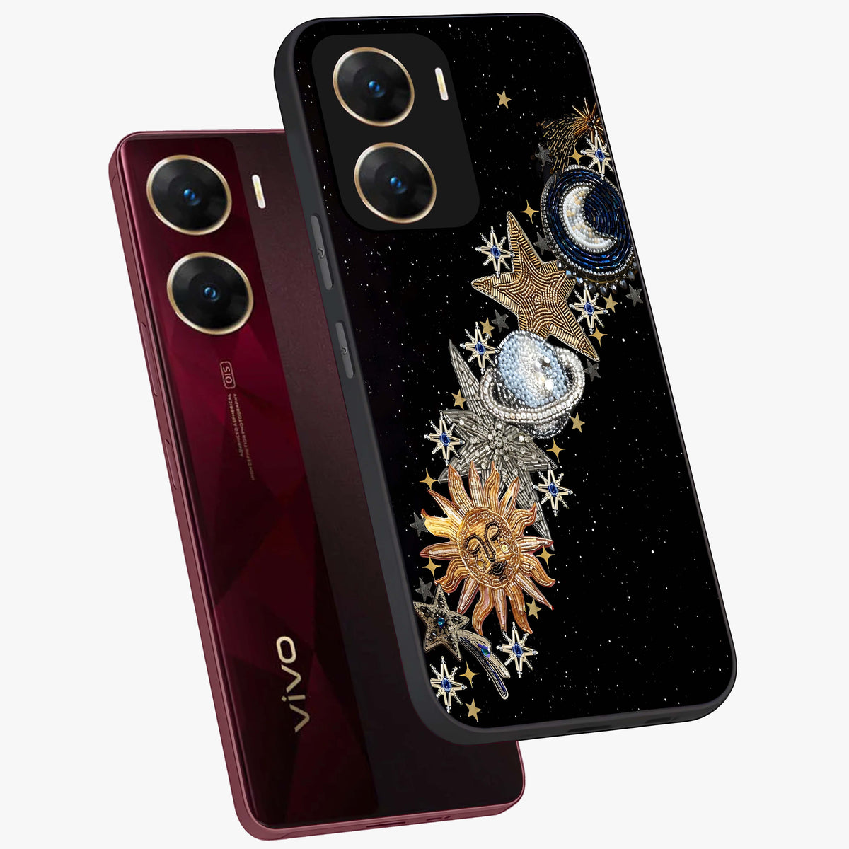 Pearls Universe Object Glass Case displayed in angled mockup highlighting celestial pearl design with dreamy aesthetic.