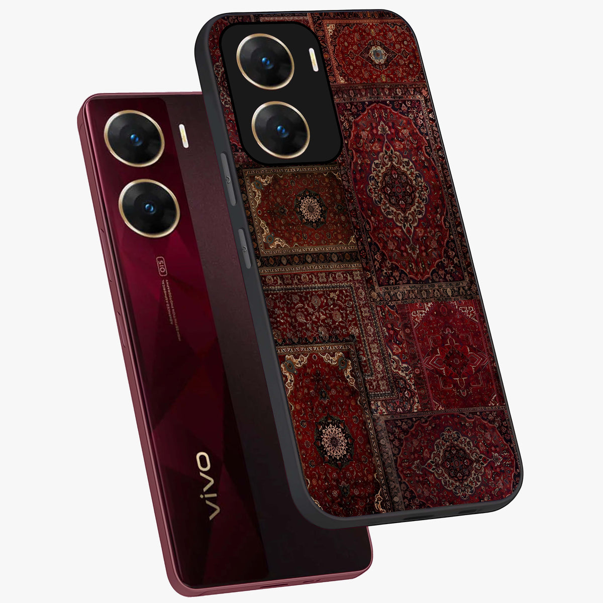 Persian Velvet Tale Glass Case displayed in angled mockup highlighting ornate textile inspired design with royal aesthetic.
