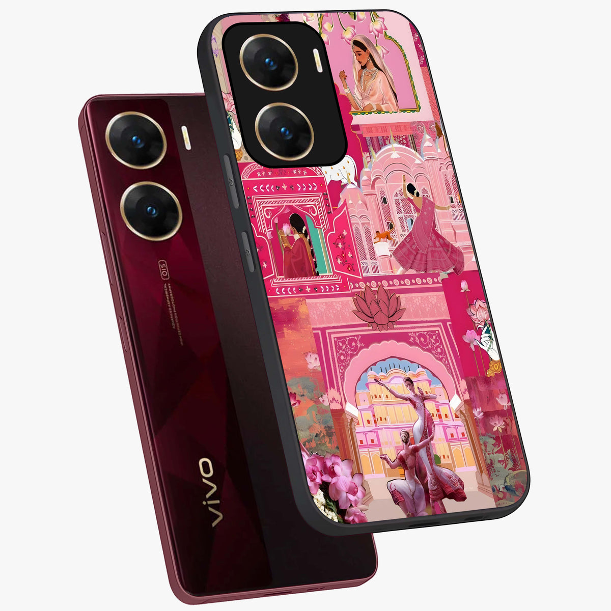 Pink Palace Muse Glass Case displayed in angled mockup highlighting dreamy palace illustration with soft pink aesthetic.