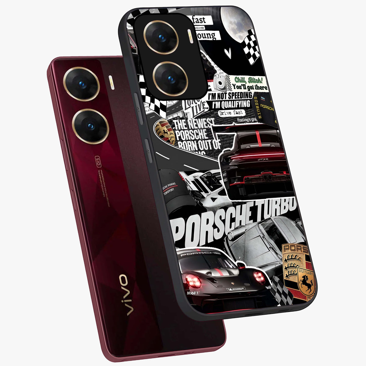 Porsche Racing Collage Glass Case displayed in angled mockup highlighting dynamic automotive design with bold racing aesthetic.