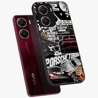 Porsche Racing Collage Glass Case displayed in angled mockup highlighting dynamic automotive design with bold racing aesthetic.