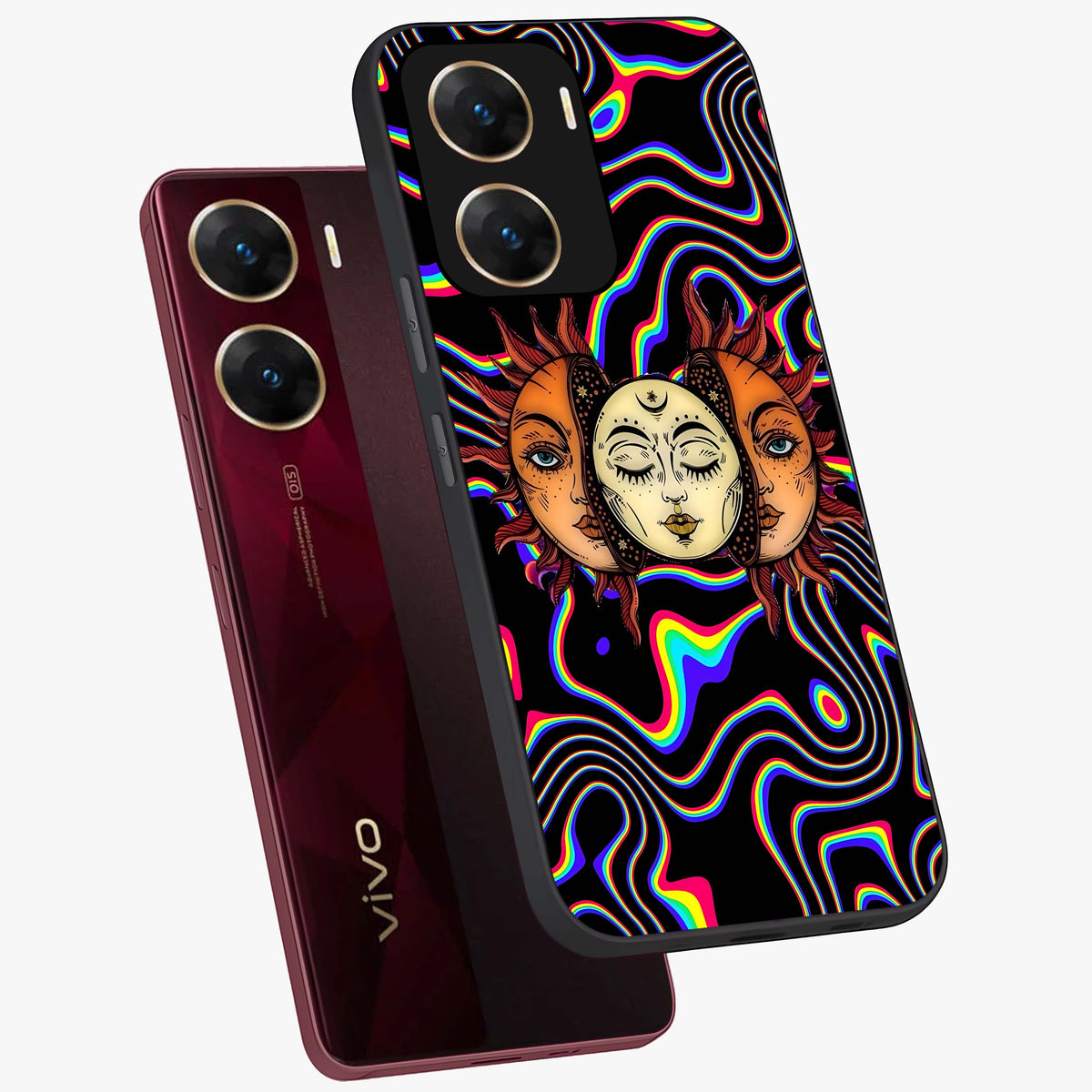 Psychedelic Sun Glass Case displayed in angled mockup highlighting vibrant abstract sun design with artistic aesthetic style.