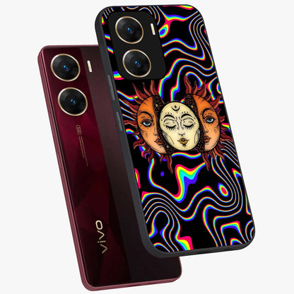 Psychedelic Sun Glass Case displayed in angled mockup highlighting vibrant abstract sun design with artistic aesthetic style.