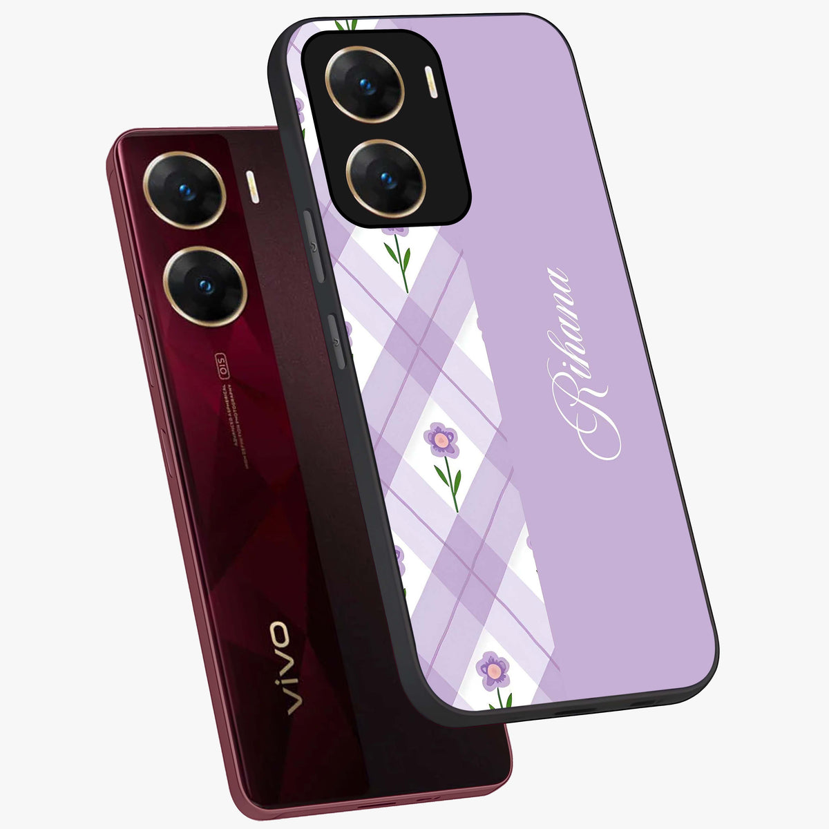 Purple Diamond Floral Glass Case displayed in angled mockup highlighting elegant purple flower design with decorative pattern.