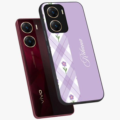 Purple Diamond Floral Glass Case displayed in angled mockup highlighting elegant purple flower design with decorative pattern.