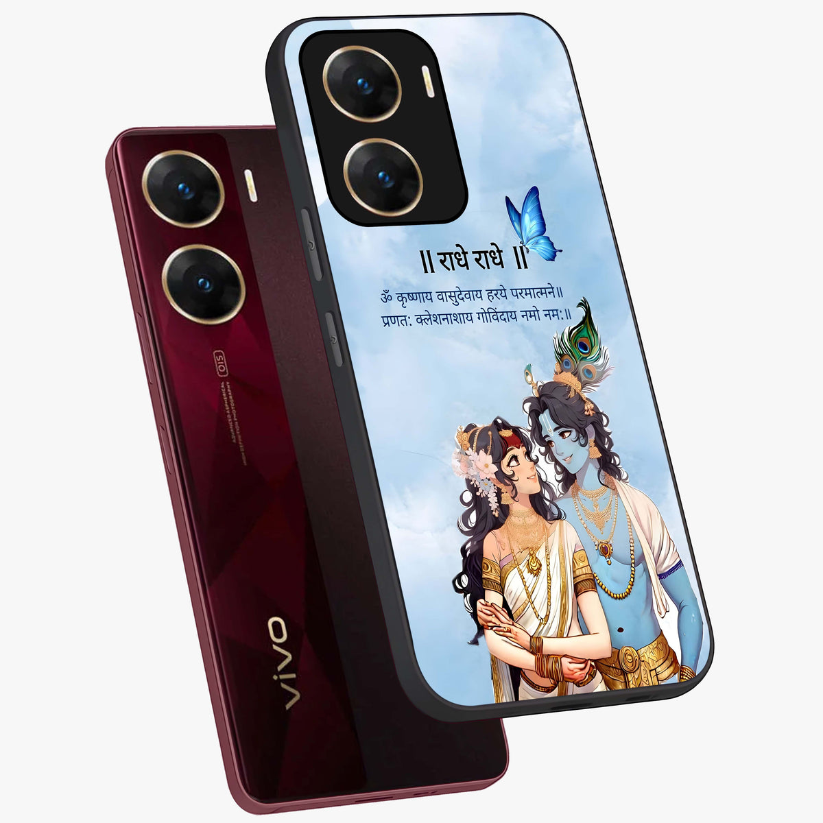 Radha Krishna Eternal Glass Case displayed in angled mockup highlighting divine Radha Krishna illustration with spiritual aesthetic.