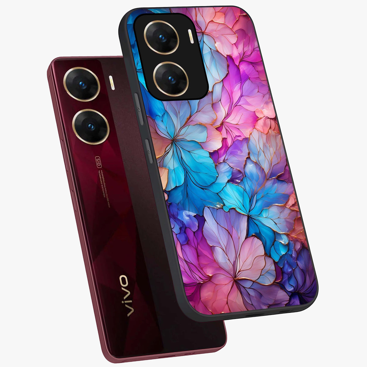 Radiant Floral Whirl Glass Case displayed in angled mockup highlighting vibrant flower pattern with dynamic artistic aesthetic.