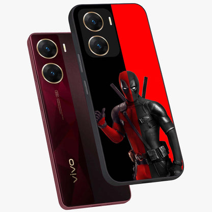 Red & Black Deadpool Theme Glass Case displayed in angled mockup highlighting vibrant superhero style illustration with action aesthetic.