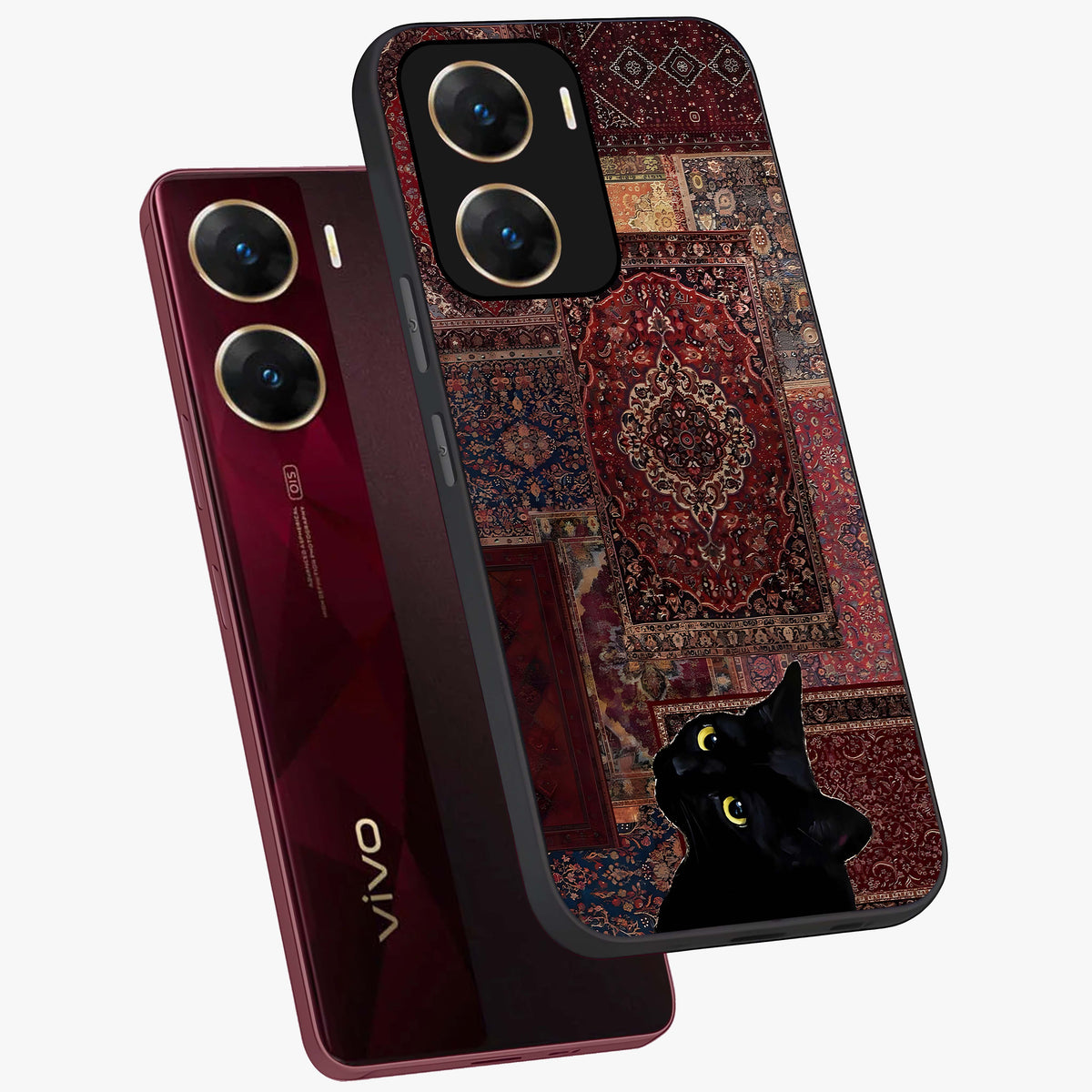 Regal Magic Cat Apple Glass Case displayed in angled mockup highlighting whimsical feline design with fantasy aesthetic.