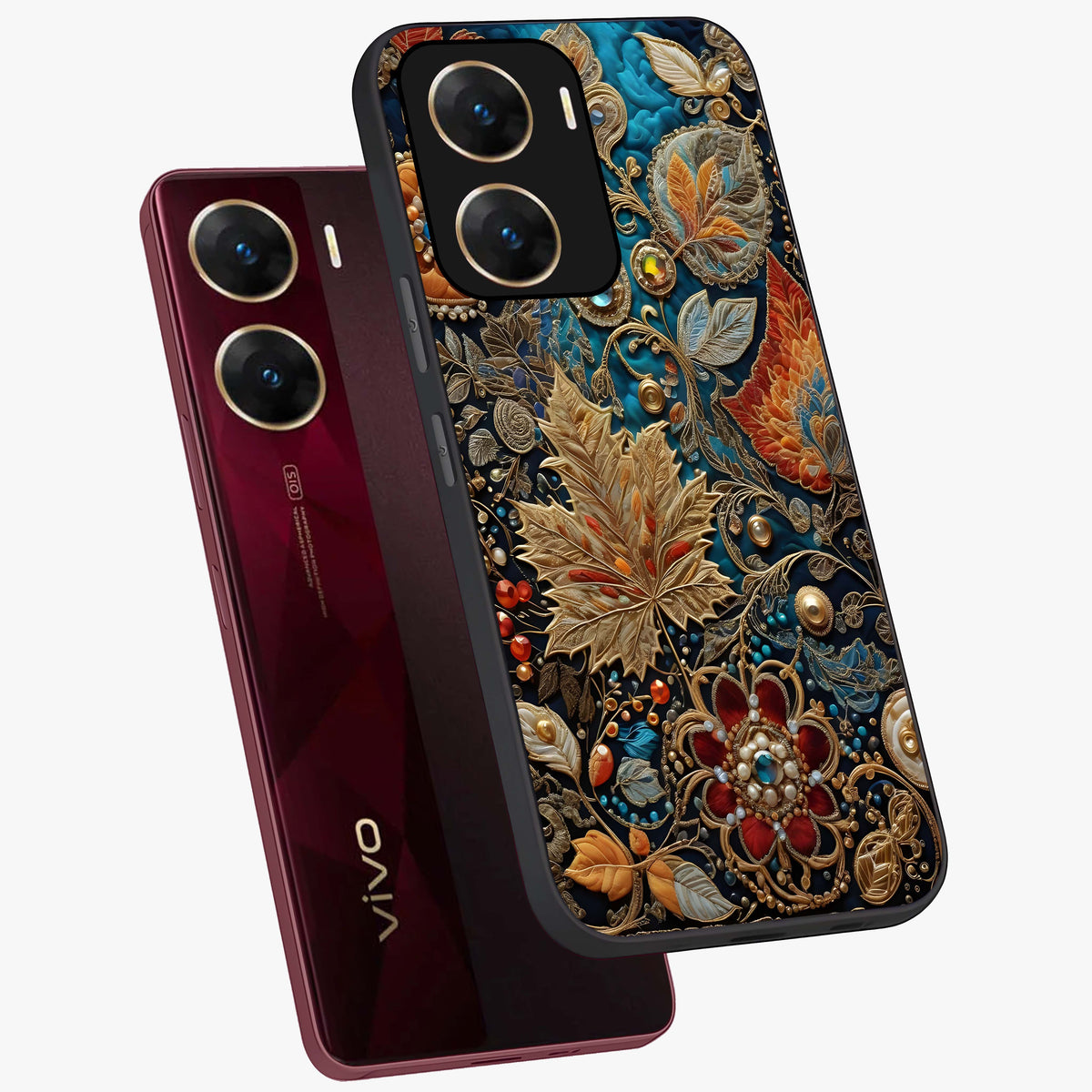 Royal Jewel Garden Glass Case displayed in angled mockup highlighting vibrant jewel inspired floral design with elegant aesthetic.