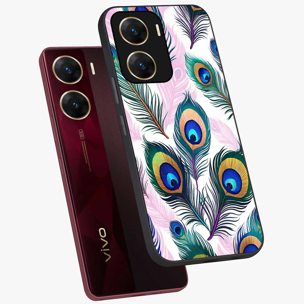 Royal Peacock Feathers Glass Case displayed in angled mockup highlighting vibrant feather pattern with regal aesthetic style.