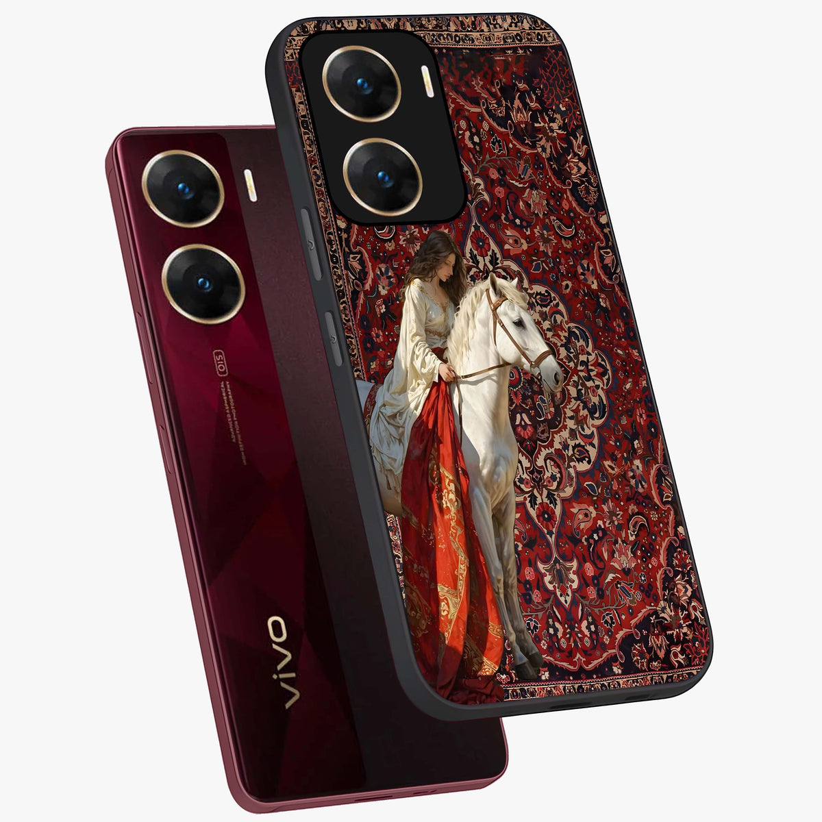 Royal Rider Tapestry Glass Case displayed in angled mockup highlighting traditional tapestry design with royal heritage aesthetic.