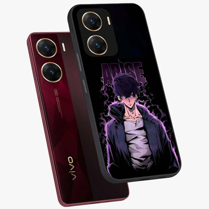 Shadow Monarch Awakening Glass Case displayed in angled mockup highlighting dramatic shadow warrior design with fantasy aesthetic.