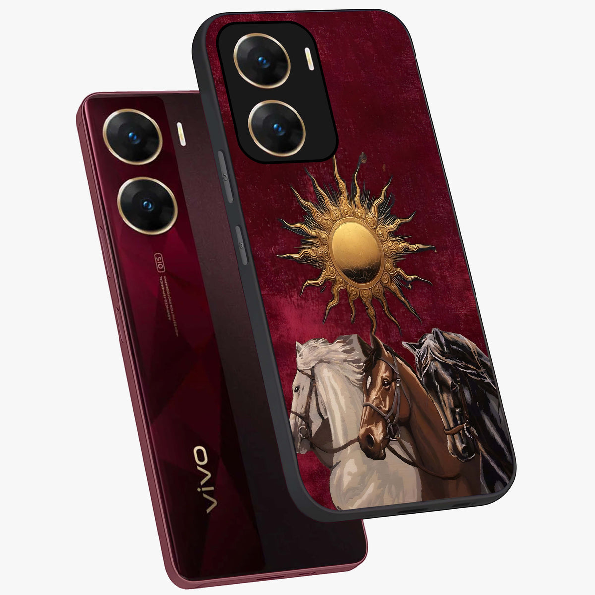 Solar Riders Glass Case displayed in angled mockup highlighting powerful rider illustration with radiant solar aesthetic.