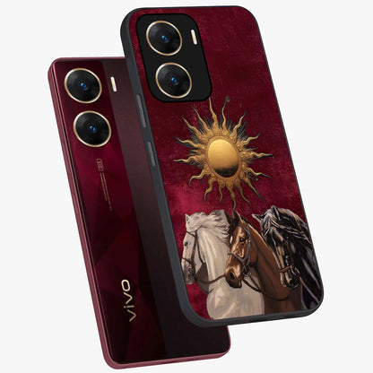 Solar Riders Glass Case displayed in angled mockup highlighting powerful rider illustration with radiant solar aesthetic.