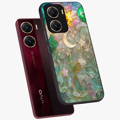 Stained Sunrise Glow Glass Case displayed in angled mockup highlighting radiant sunrise design with artistic aesthetic style.