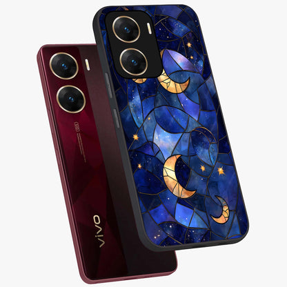 Starlit Sky Tapestry Glass Case displayed in angled mockup highlighting celestial night pattern with artistic aesthetic style.