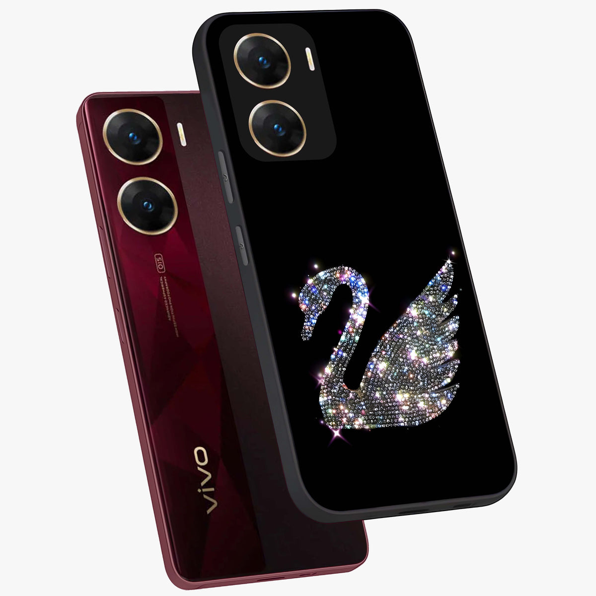 Starlit Swan Grace Glass Case displayed in angled mockup highlighting elegant swan illustration with dreamy celestial aesthetic.