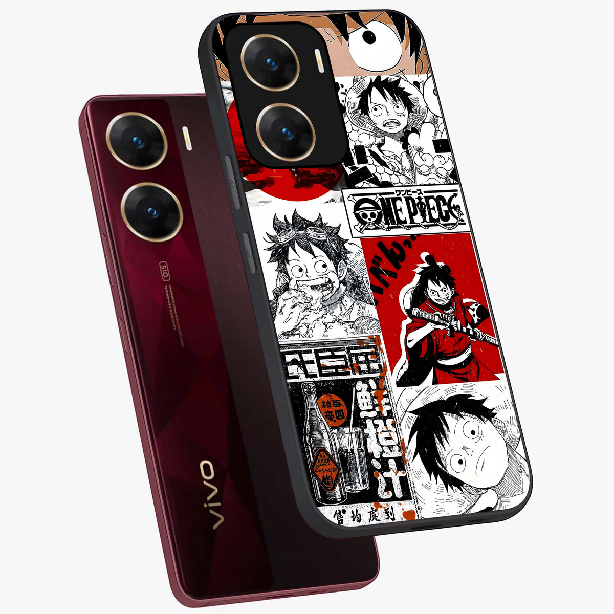 Strawhat Chaos Panels Glass Case displayed in angled mockup highlighting vibrant anime collage design with action aesthetic.
