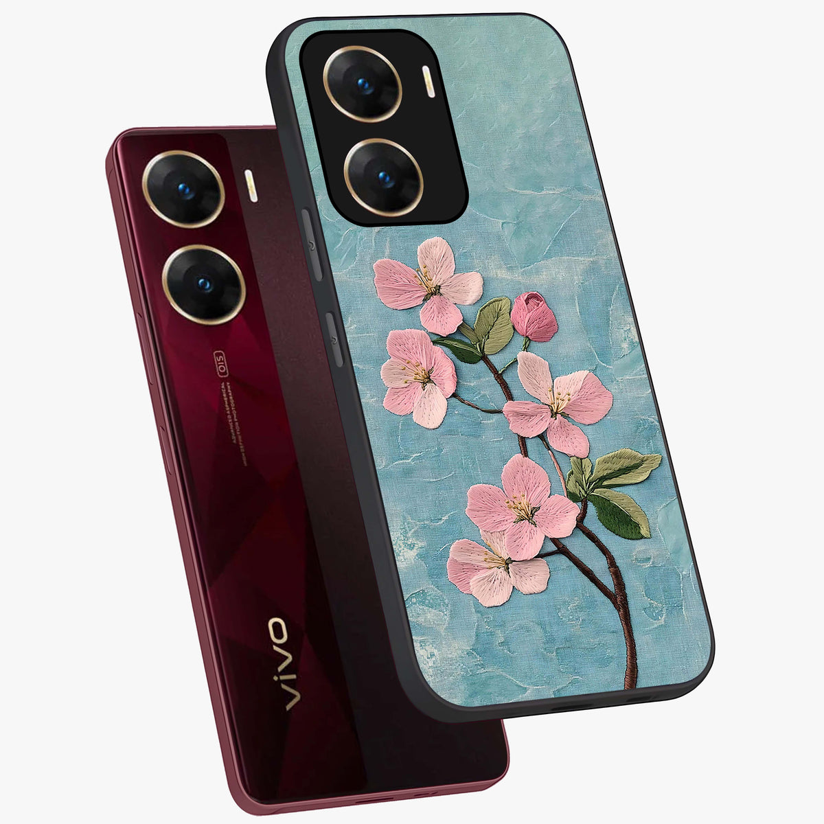 Threaded Blossom Breeze Glass Case displayed in angled mockup highlighting elegant floral design with soft aesthetic style.