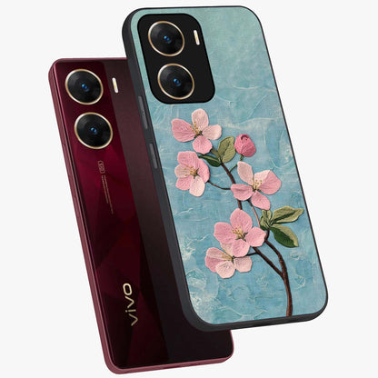 Threaded Blossom Breeze Glass Case displayed in angled mockup highlighting elegant floral design with soft aesthetic style.