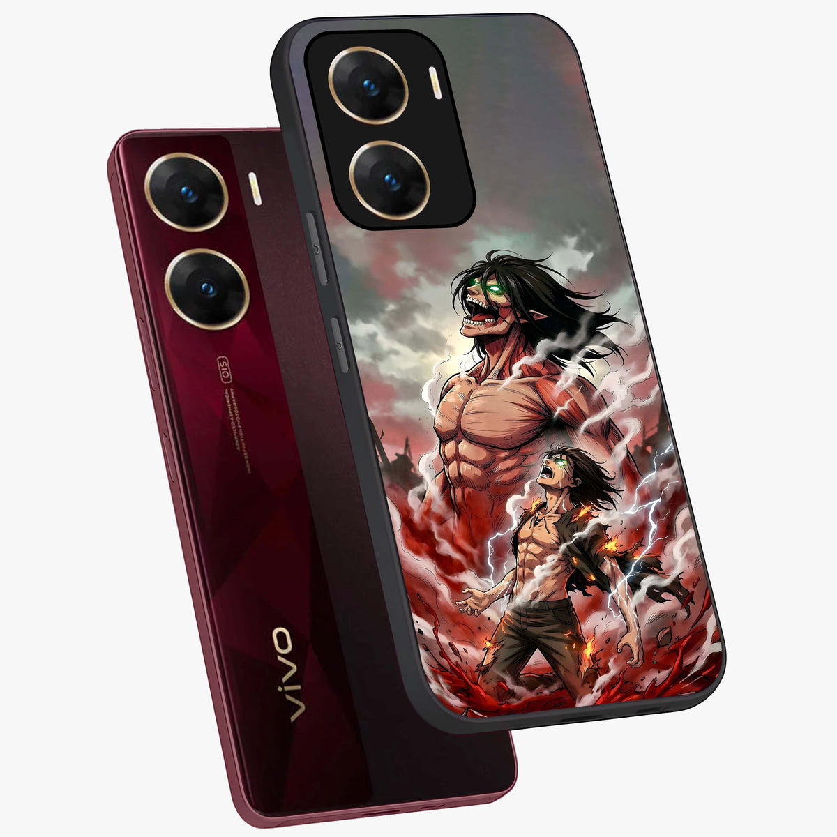Titan Awakening Fury Glass Case displayed in angled mockup highlighting dramatic giant warrior design with bold anime aesthetic.