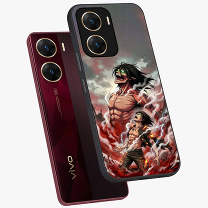 Titan Awakening Fury Glass Case displayed in angled mockup highlighting dramatic giant warrior design with bold anime aesthetic.