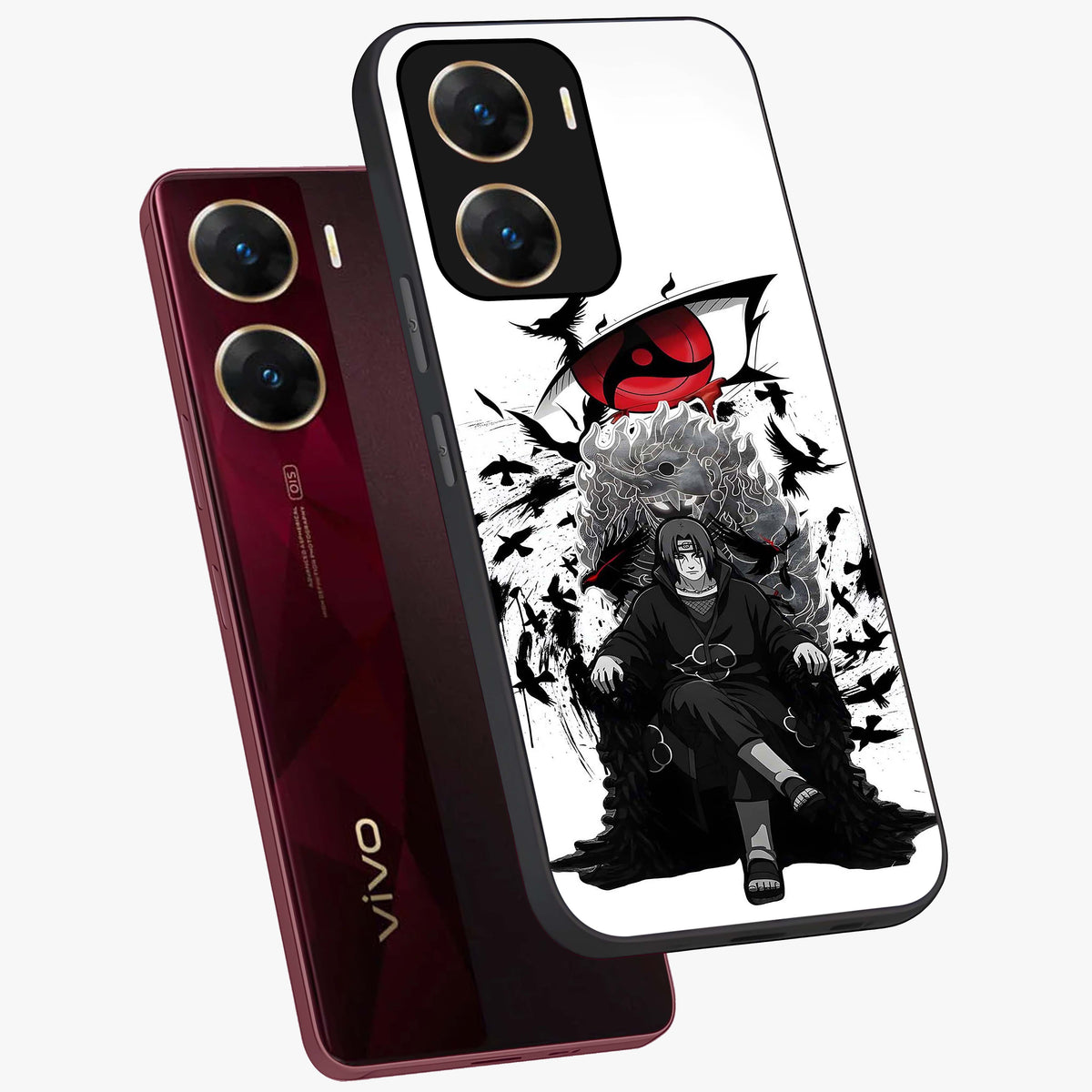 Uchiha Shadow Throne Glass Case displayed in angled mockup highlighting glowing aquatic design with celestial aesthetic.