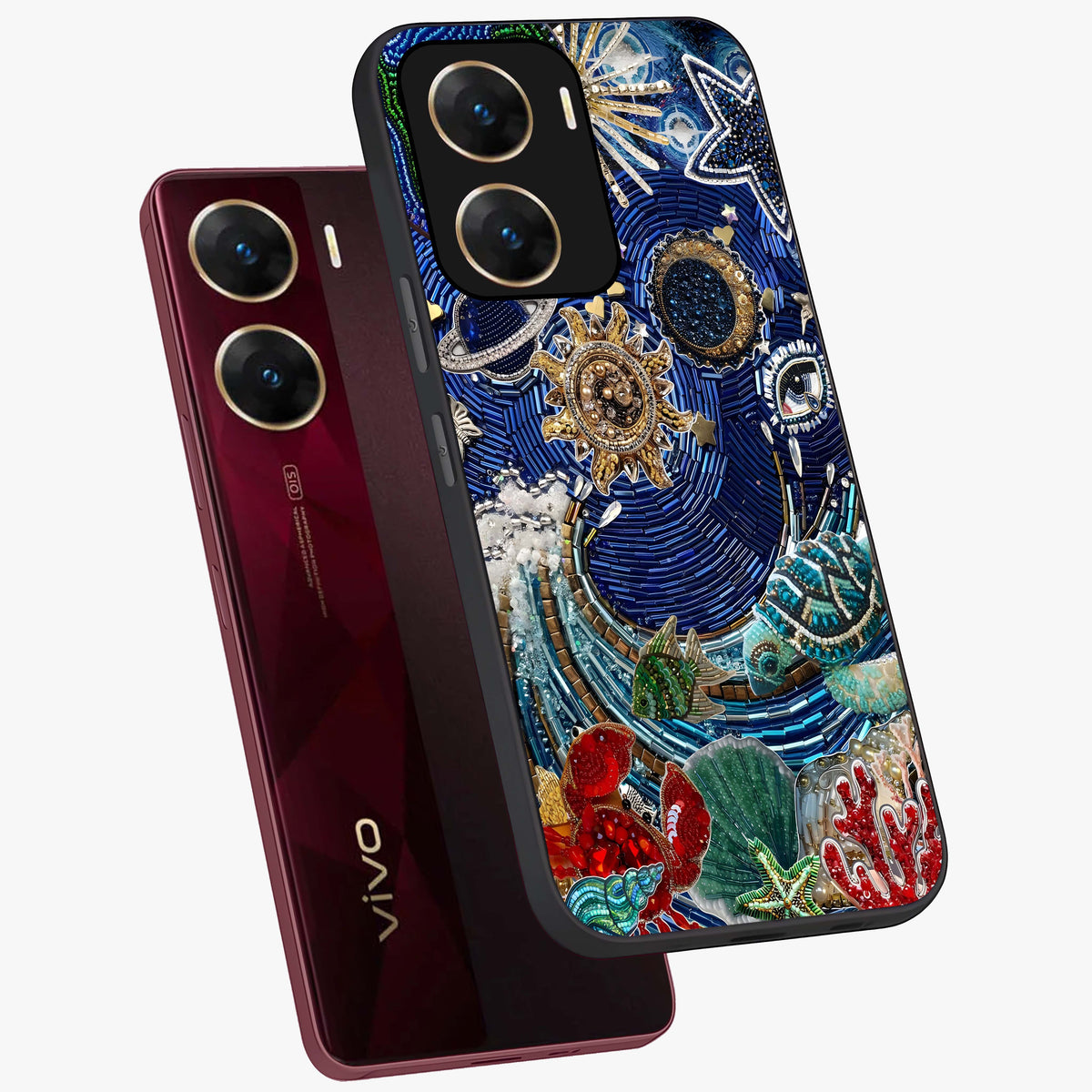 Universe Underwater Spark Glass Case displayed in angled mockup highlighting glowing aquatic design with celestial aesthetic.