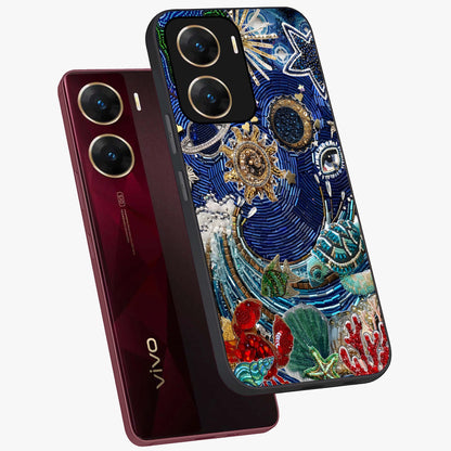 Universe Underwater Spark Glass Case displayed in angled mockup highlighting glowing aquatic design with celestial aesthetic.