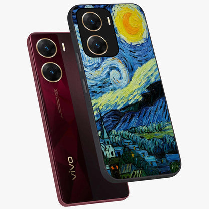 Van Gogh Art Glass Case displayed in angled mockup highlighting swirling brushstroke design with artistic aesthetic.
