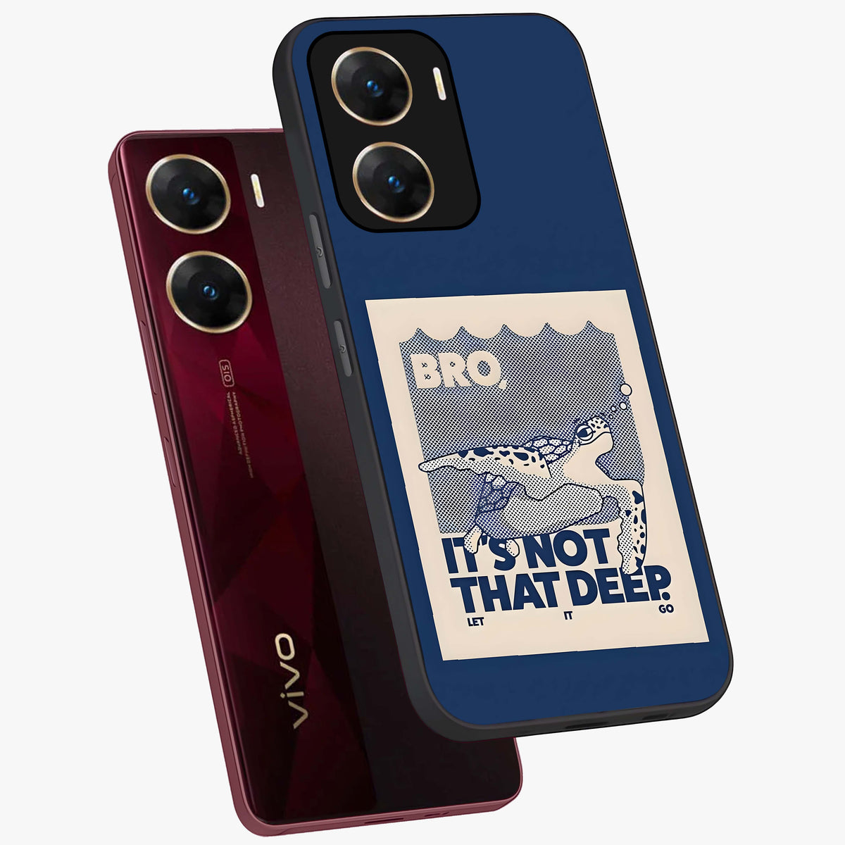 Worry Less Swim Glass Case displayed in angled mockup highlighting fun typography design with relaxed aesthetic style.