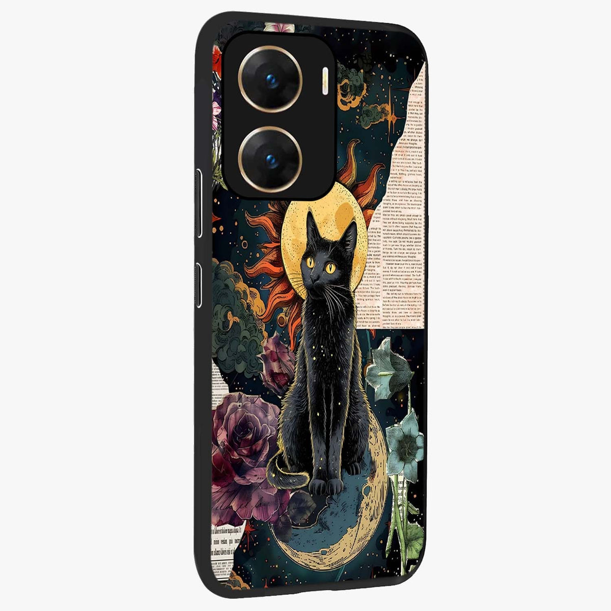 Celestial Black Cat Glass Case upright view showcasing magical black cat illustration with starry cosmic theme.