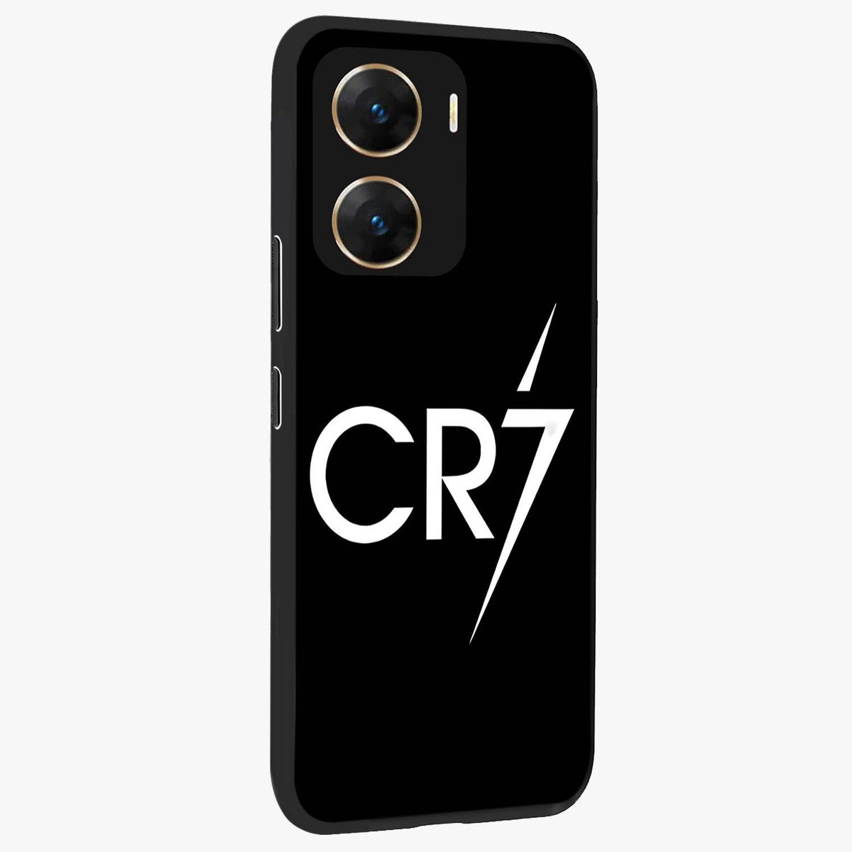 Cr7 Elite Strike Glass Case upright view showcasing energetic football inspired design with modern sports aesthetic.
