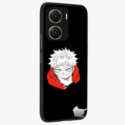 Crimson Chaos Smile Glass Case upright view showcasing expressive chaotic artwork with striking visual theme.