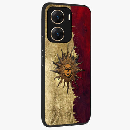 Crimson Sun Majesty Glass Case upright view showcasing vibrant sun artwork with powerful celestial theme.