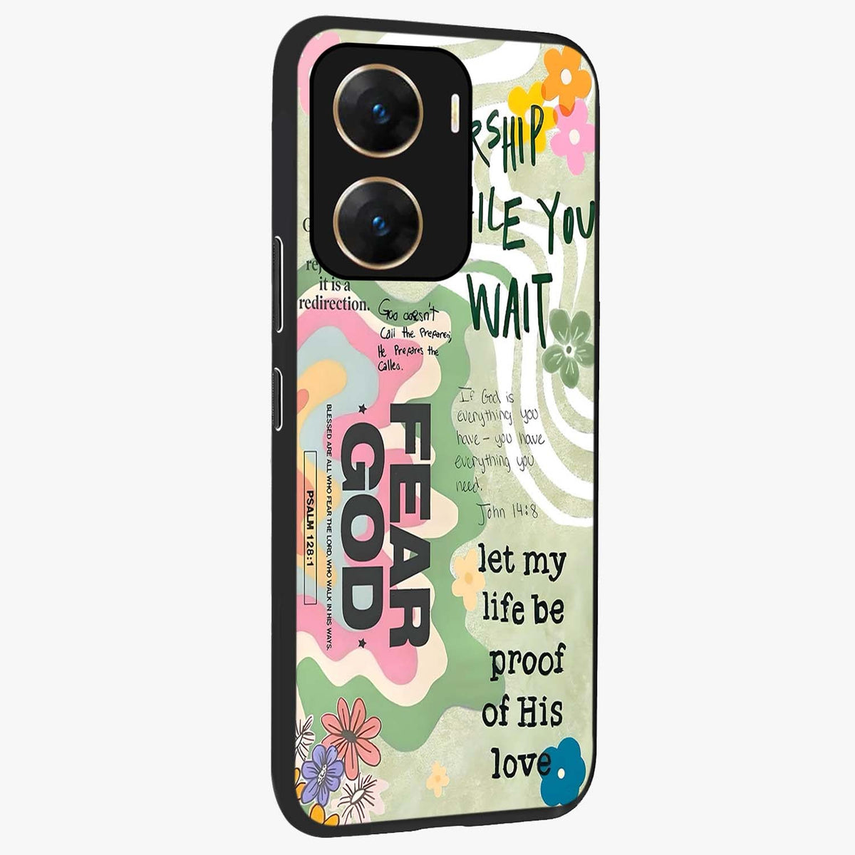 Faith Over Fear Glass Case upright view showcasing bold typography artwork with uplifting motivational theme.