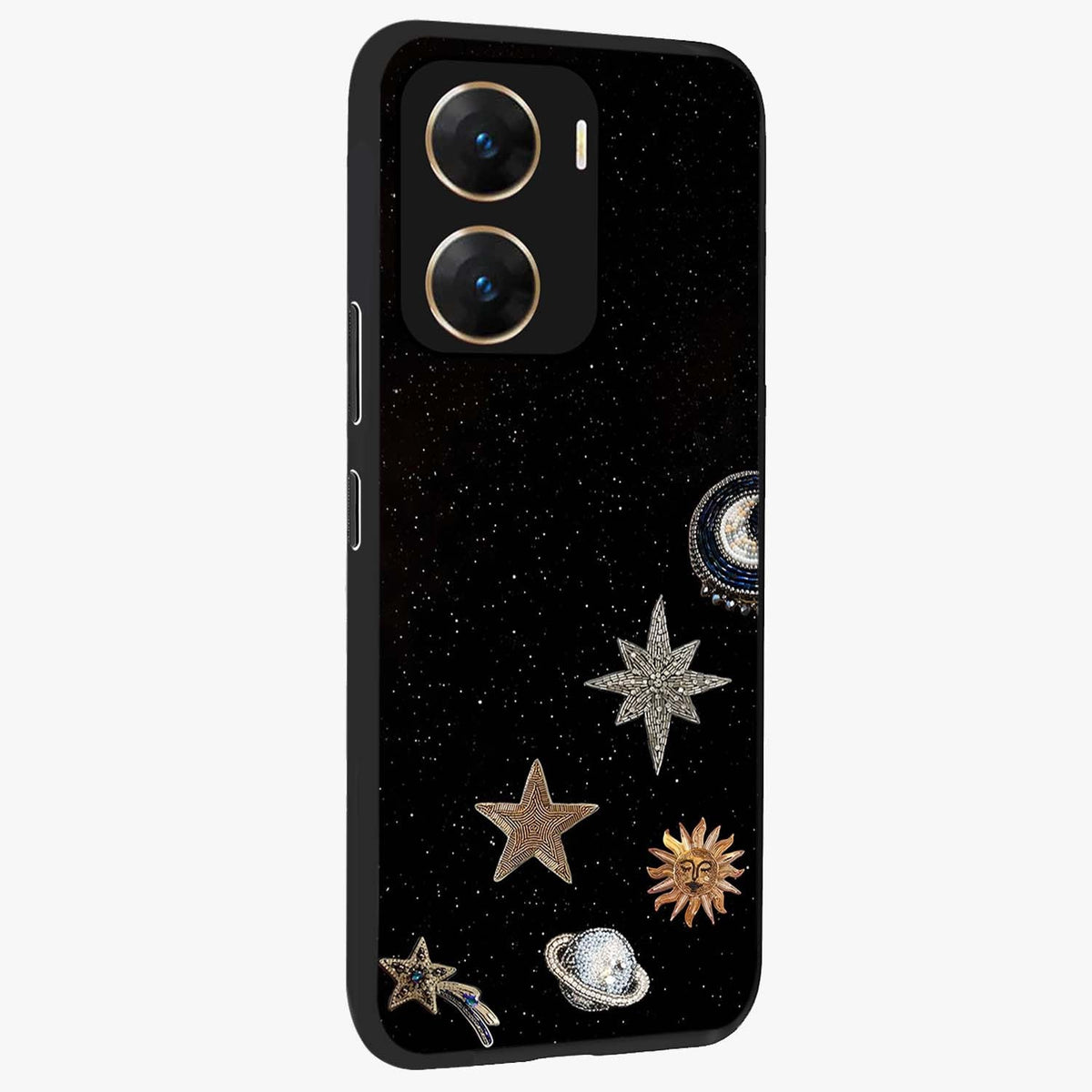 Galactic Charm Glow Glass Case upright view showcasing glowing cosmic charm artwork with magical celestial style.