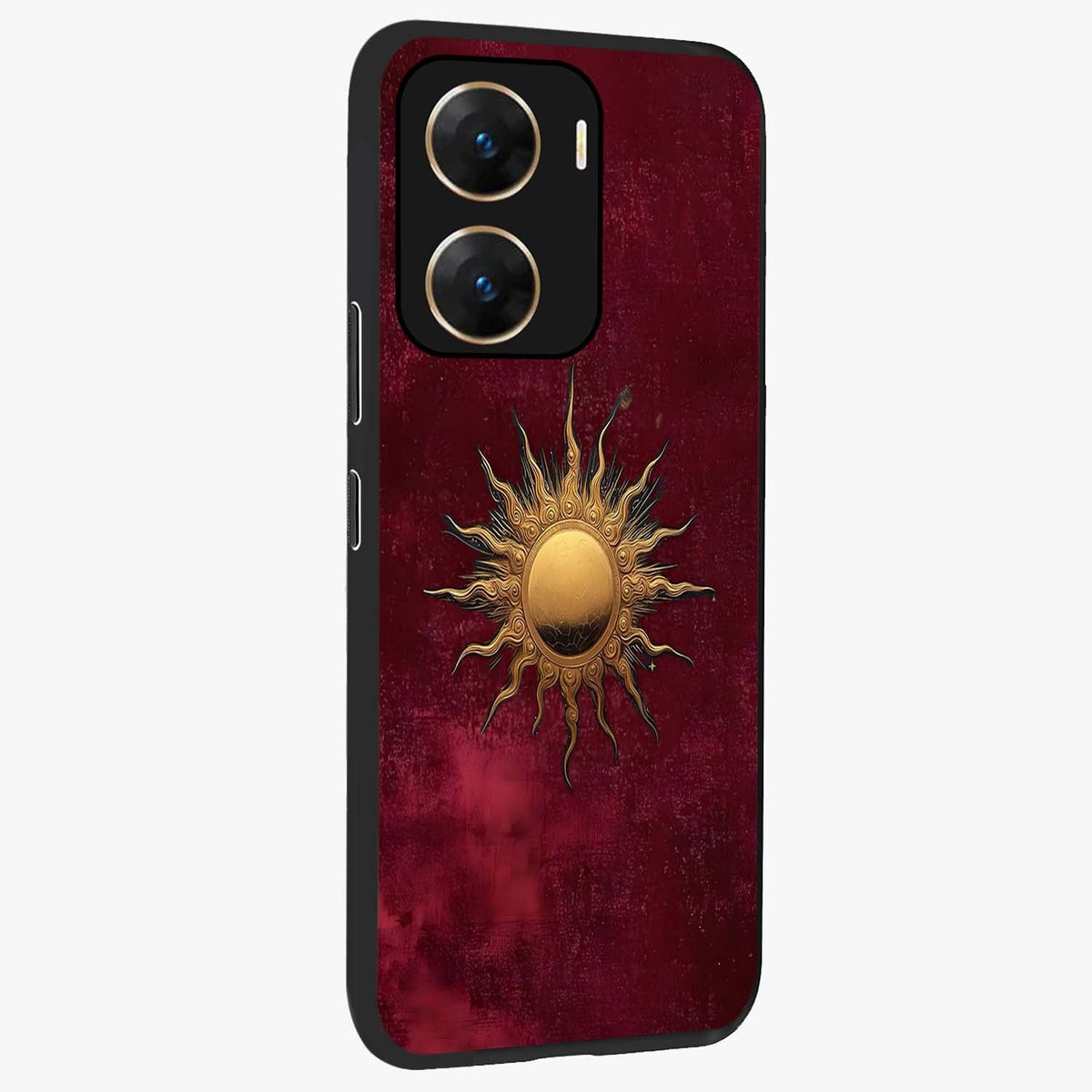 Golden Sun Minimalism Glass Case upright view showcasing simple golden sun artwork with elegant minimalist style.