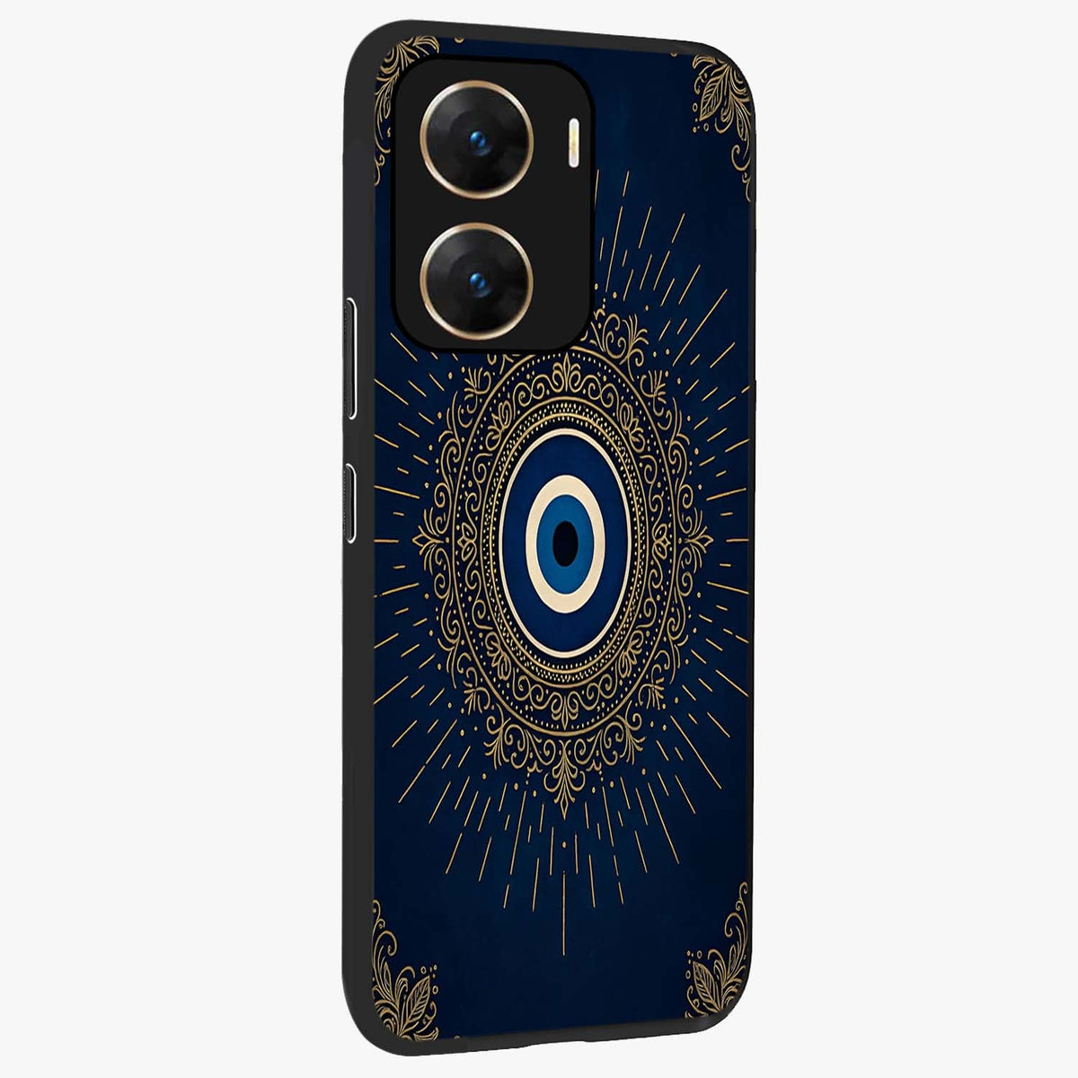 Golden Celestial Charm Glass Case upright view showcasing radiant celestial artwork with elegant golden theme.